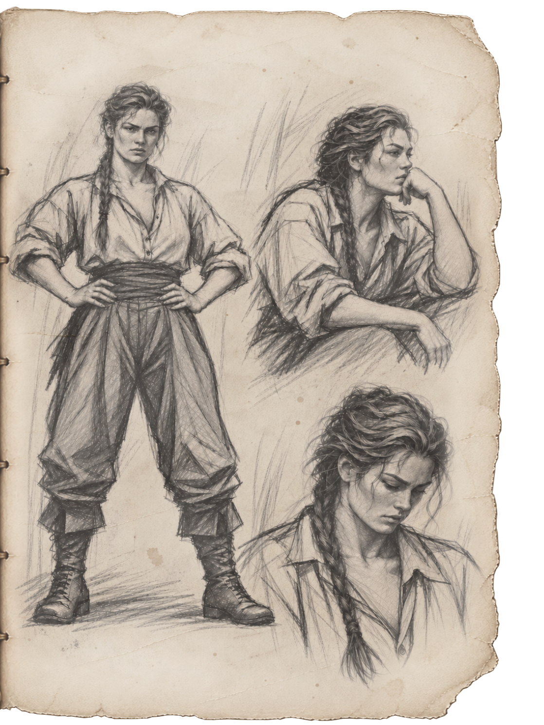 Pencil sketches of Anne: standing with hands on hips, hair in a long braid, wearing a loose shirt, sash belt, wide trousers, and lace-up boots; plus two close studies of her face and shoulders.